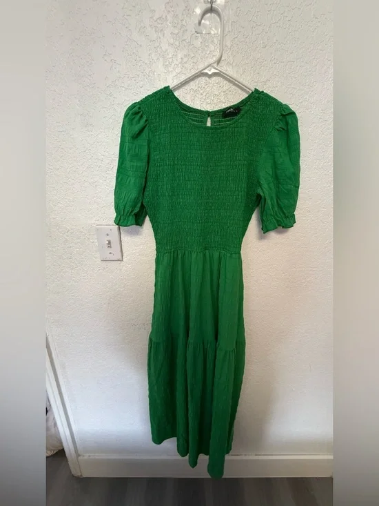 Boho Green Smocked Maxi Dress - Puff Sleeve Tiered Long Dress - Size S - Picture 5 of 15